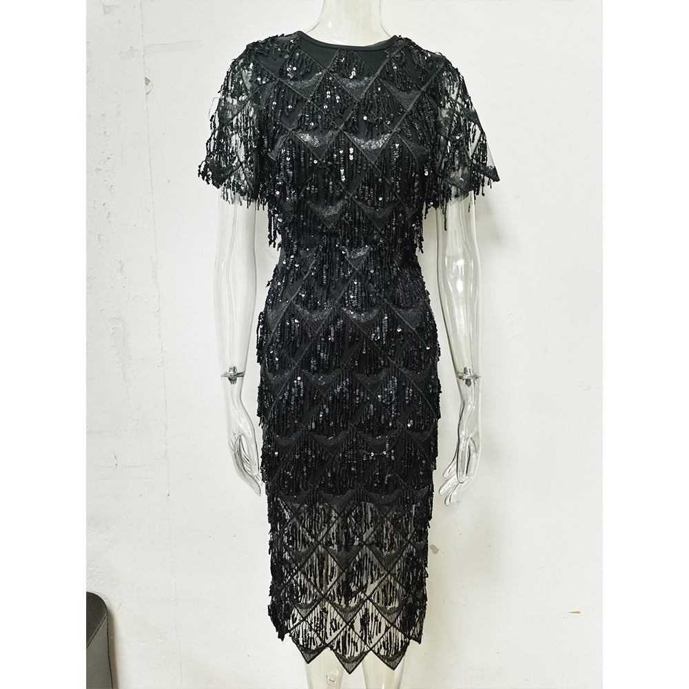 Temperament Fringed Sequin Dress Gown